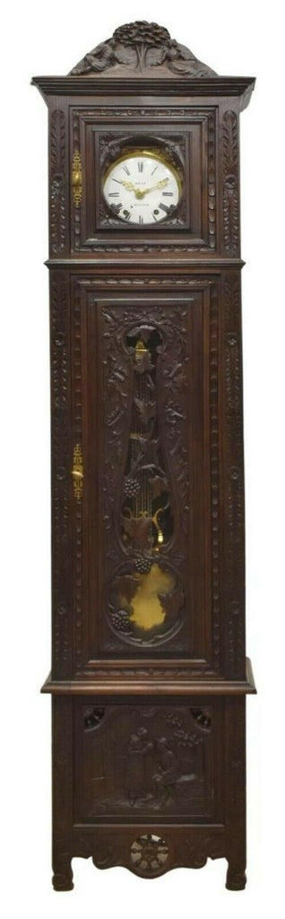 Antique Grandfather Clock French, Brittany Carved Oak Tall Case, 1900's!