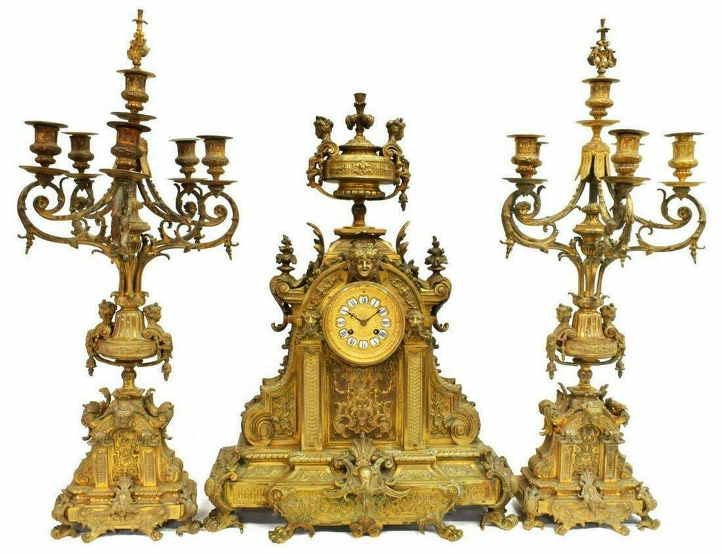 Antique Mantle Clock, French Renassance Revival Set Bronze Clock Set, 1800's  Gorgeous!!