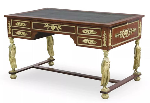 Antique Bureau, French Empire, Bronze MTD, Leather Slides, Mahogany, 1800's! - Old Europe Antique Home Furnishings