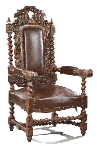 Antique Armchair, French, Louis XIII Style, Carved Oak, Upholstered, 1800s!! - Old Europe Antique Home Furnishings