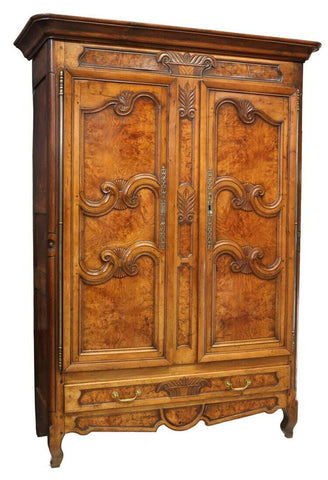 Antique Armoire, French Provincial, Louis XV Style Burlwood, Elm, 1800's! - Old Europe Antique Home Furnishings