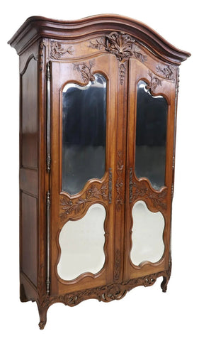 Antique Armoire, Large French Provincial, Walnut, Mirrored, Shelves, E. 1800s!! - Old Europe Antique Home Furnishings