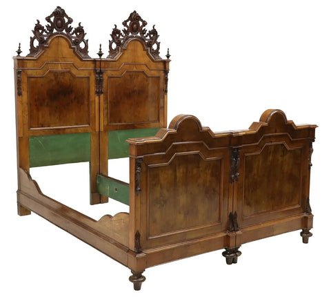 Antique Bed, Double, Italian Louis Philippe, Carved, Walnut, Foliate, 1800s!! - Old Europe Antique Home Furnishings