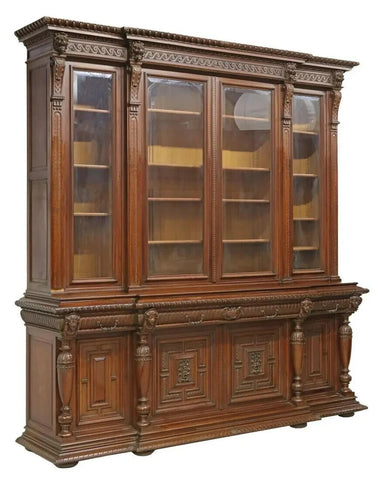 Antique Bookcase, Breakfront, Monumental, French, Walnut, Beveled Glass, 1800s! - Old Europe Antique Home Furnishings