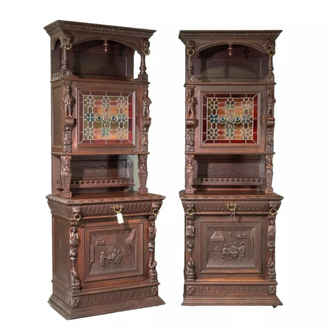 Antique Buffets, Double, French Breton Style, Finely Carved, Stain Glass, 1800s - Old Europe Antique Home Furnishings