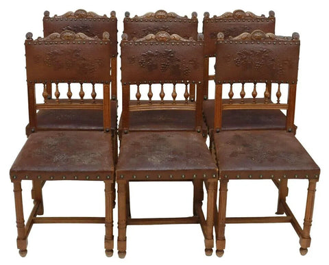 Antique Chairs, Dining, Leather, (6) French Henri II Style, Walnut,  1800s, 19th Century!! - Old Europe Antique Home Furnishings