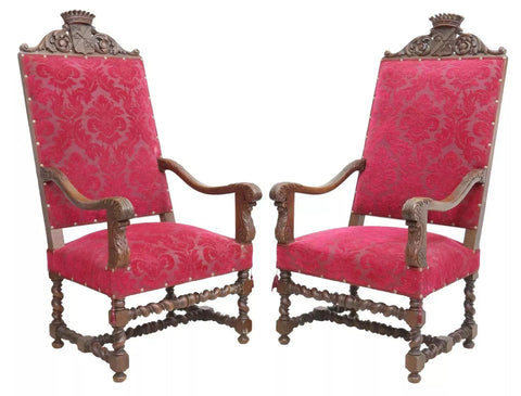 Antique Fauteuils, Chairs, Pair, French Henri II Style, Carved Oak, Early 1900s! - Old Europe Antique Home Furnishings