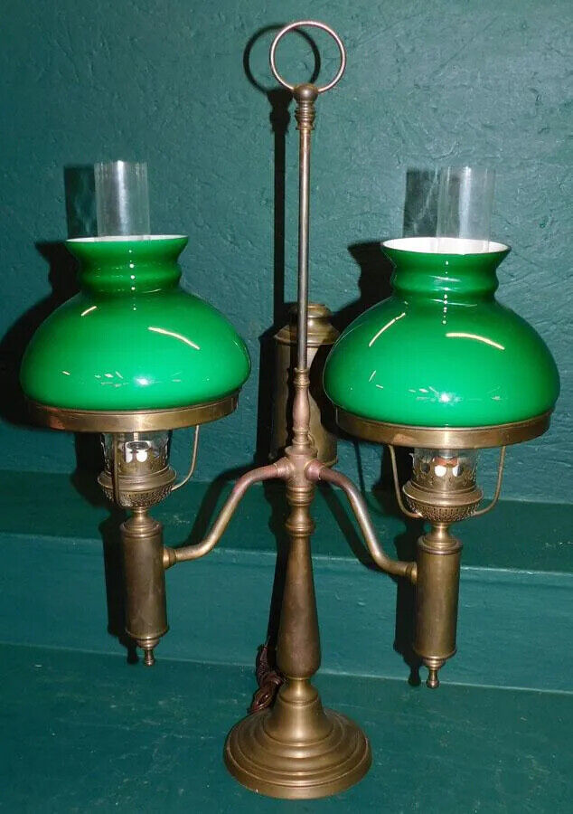 Antique Lamp, Brass Student Lamp W/ Two Emerald Shades, Lighting, 28.25  Ins.!