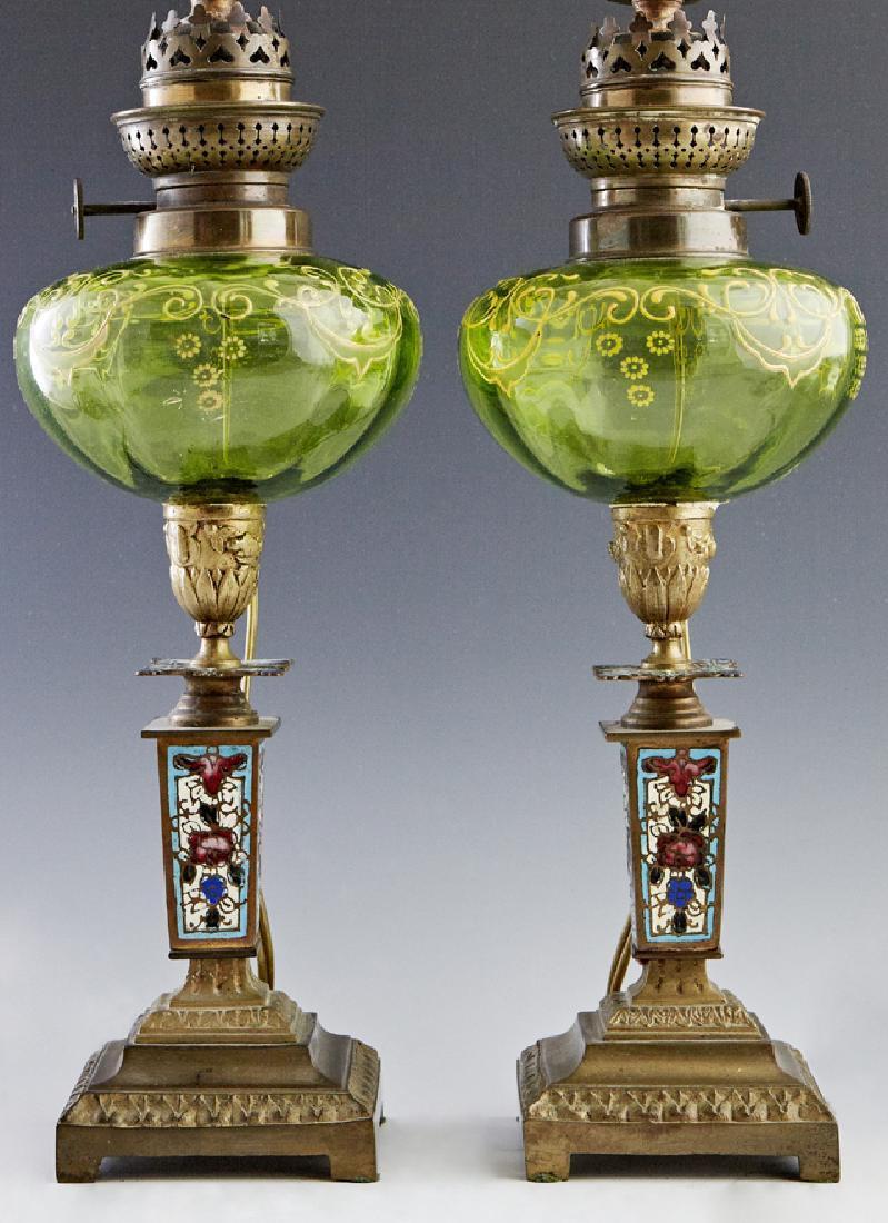 Antique Lamps Oil French ChamplevA and Art Gla Pair Green Glass 1800 s