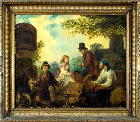 Antique Oil Painting, "Outdoor Scene", with Figures,  W. Bromley (UK) , 1800s!! - Old Europe Antique Home Furnishings