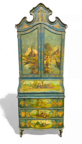 Antique Secretary Desk, Painted, Venetian, Sculptured Center and Crown, 1800's!! - Old Europe Antique Home Furnishings