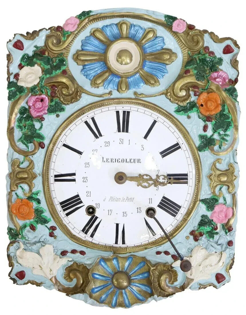 Mouvement Horloge Comtoise Et Balancier Décor Polychrome Champêtre