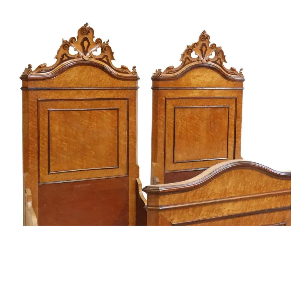 Antique, Beds, Maple, Pair (2) Italian Birdseye, Crest, Paneled, 19th C. 1800s Old Europe