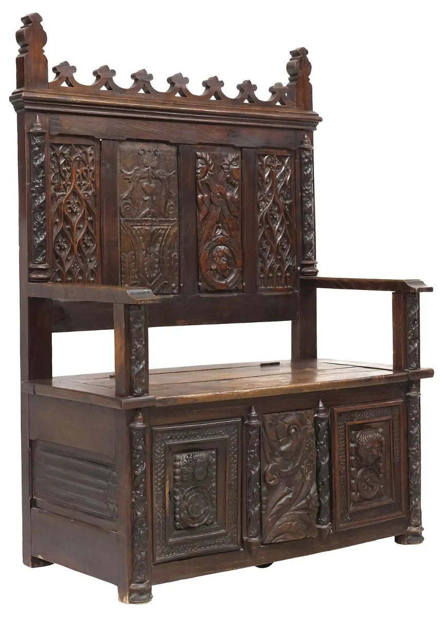 Hall Bench, French Gothic Revival ,Carved Oak, Storage ,Tracery