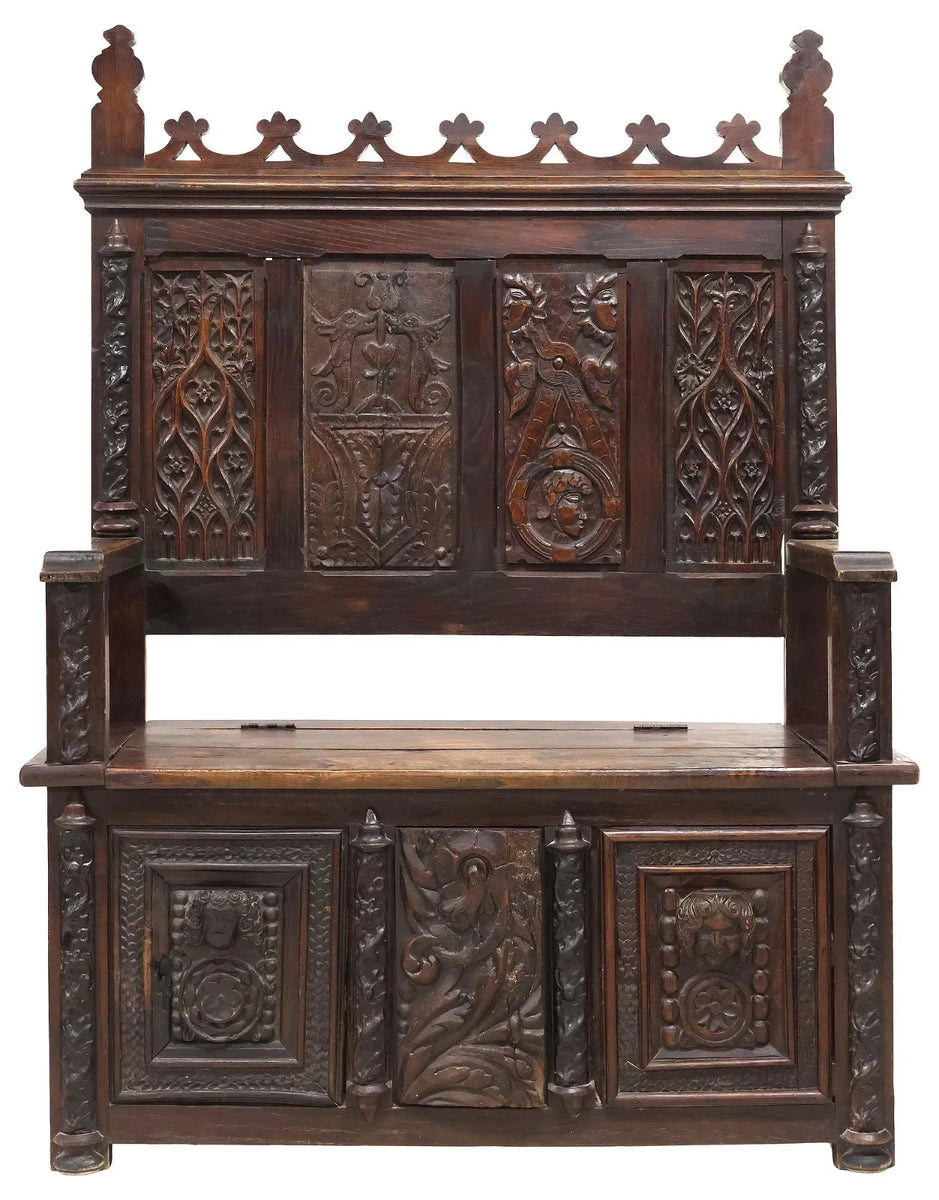 英国　アンティーク　New Hall 1805 年 Hall Bench, French Gothic Revival ,Carved Oak, Storage ,Tracery