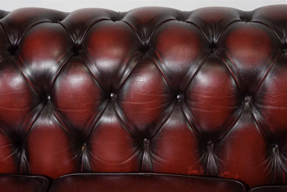 Sofa, Chesterfield, British, Red Leather, Button Tufted, 3 Seater