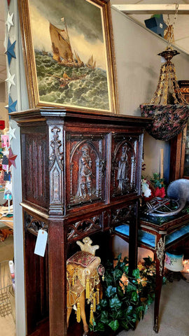 Antique Credence Cupboard, Cabinet, Gothic Revival,  French, Carved Oak, 1800s!! - Old Europe Antique Home Furnishings