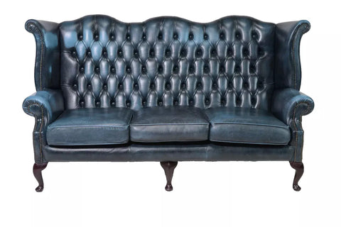 Sofa, British, Blue Leather, Wing Back, Button Tufted, Chesterfield Sofa!! - Old Europe Antique Home Furnishings