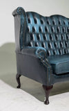 Sofa, British, Blue Leather, Wing Back, Button Tufted, Chesterfield Sofa!! - Old Europe Antique Home Furnishings