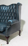 Sofa, British, Blue Leather, Wing Back, Button Tufted, Chesterfield Sofa!! - Old Europe Antique Home Furnishings