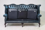 Sofa, British, Blue Leather, Wing Back, Button Tufted, Chesterfield Sofa!! - Old Europe Antique Home Furnishings