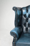 Sofa, British, Blue Leather, Wing Back, Button Tufted, Chesterfield Sofa!! - Old Europe Antique Home Furnishings