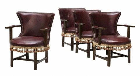 Chairs, Continental, Burgundy Leather-Like, Oak & Tasseled Trim, Vintage, Four!! - Old Europe Antique Home Furnishings