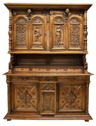 Antique Buffet, Deux Corps, Sideboard,  French Well-Carved Walnut, Large, 1800's - Old Europe Antique Home Furnishings