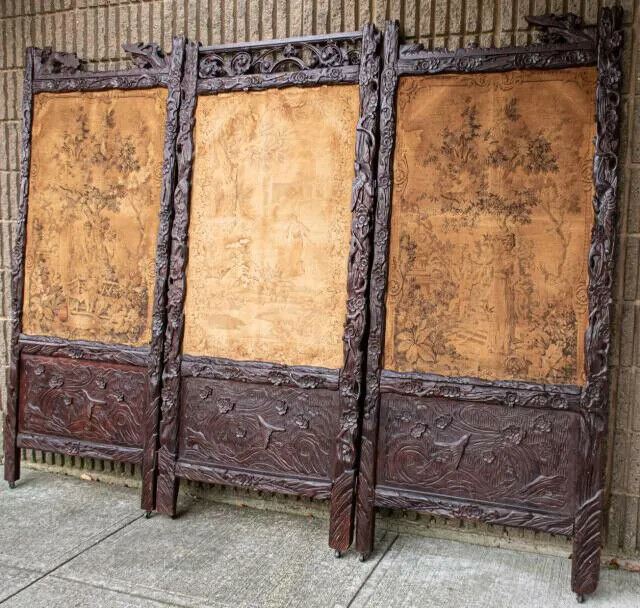 Antique Room Divider, Carved Wood Black Forest Tapestry Inserts, On