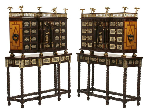 Vargueno Cabinets, Spanish Renaissance Style, On Stands, Set of Two, Inlaid!! - Old Europe Antique Home Furnishings