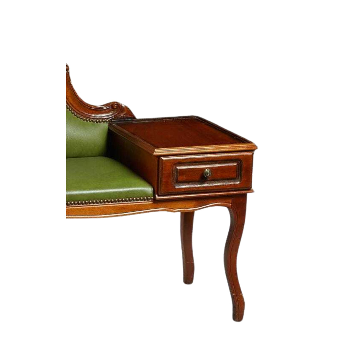 Antique Phone Bench, French Carved Mahogany, Green Leather, Early 