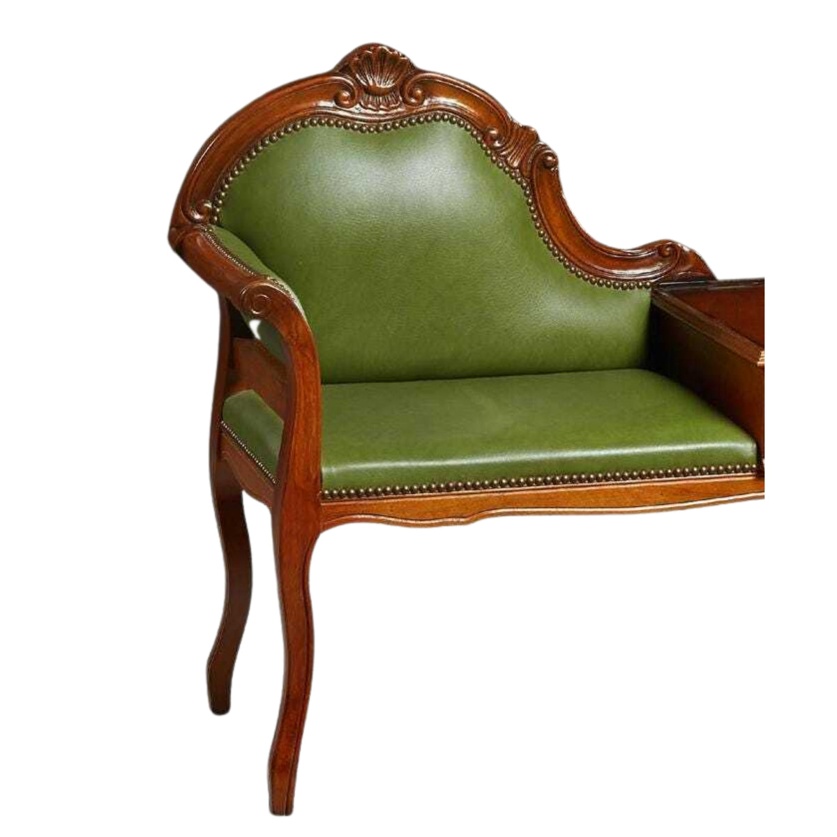 Antique Phone Bench, French Carved Mahogany, Green Leather, Early 