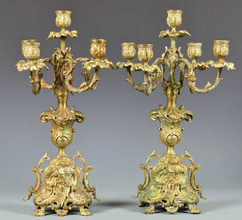 Pair of French Bronze Renaissance Revival 5-light Candelabra 19th Century ( 1800s ) - Old Europe Antique Home Furnishings