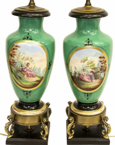 Lamps, Table, Porcelain, Vase, Hand Painted Sevres Style, Stunning! - Old Europe Antique Home Furnishings