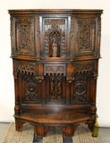 Antique Cabinet, French Gothic, Revival Carved Oak Reliquary with Bishop, 1800s - Old Europe Antique Home Furnishings