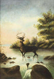 Antique Oil Painting on Canvas, Framed, "Stag in Stream", 1800s, Awesome!! - Old Europe Antique Home Furnishings