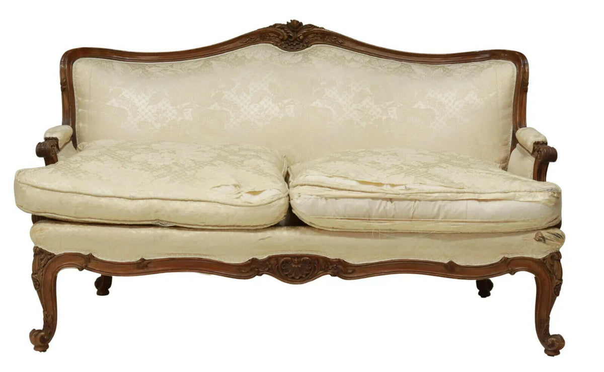 Antique Settee, Louis XV Style, Carved, Upholstered Sofa, Mahogny