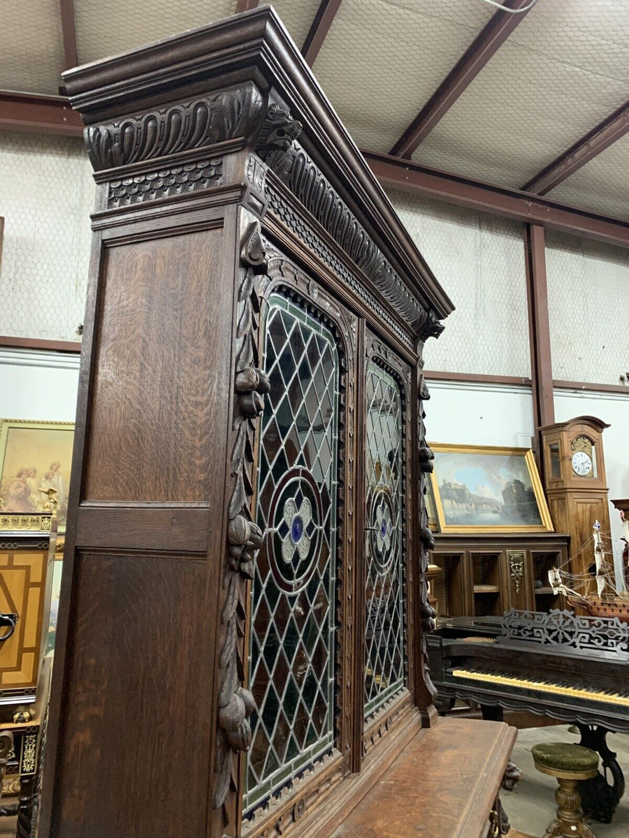 Antique Sideboard, Buffet Server, Dutch Stained Glass Sideboard