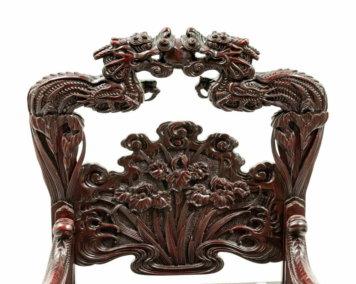Antique Armchair, Japanese Export Highly Carved Hardwood, Fancy
