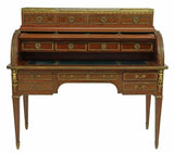 Antique Desk, French Louis XVI Style Mahogany Bureau A Cylindre, Parquetry, 1800s!! - Old Europe Antique Home Furnishings