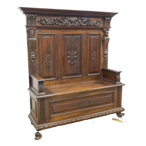 Antique Hall Bench, Italian Renaissance Revival, Walnut, 1800's, Gorgeous! - Old Europe Antique Home Furnishings