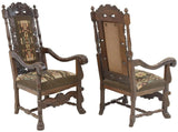 Antique Armchairs, HIghback, (2) Continental Carved Oak, Crest, Paw Feet, 1800s! - Old Europe Antique Home Furnishings