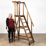 Antique Ladder, Rolling Library Wooden, Single Ledge with Railing Early 1900s! - Old Europe Antique Home Furnishings