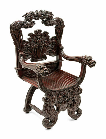 Antique Armchair, Japanese Export Highly Carved Hardwood, Fancy, Early 1900's! - Old Europe Antique Home Furnishings