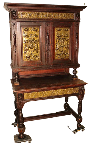 Antique Cabinet, Continental Oak, Hand Hammered Scenic Brass Panels, E. 1800s!- - Old Europe Antique Home Furnishings