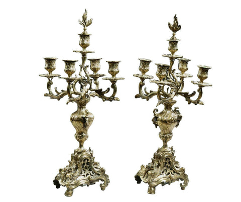 Antique Candelabras, Bronze, French, Louis XV Style Five Light, Pair, 1800's! - Old Europe Antique Home Furnishings