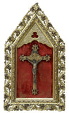 Antique Crucifix, Metal, Gothic Gilt Framed, Fabric Clad Back, Revival, 37" H! - Old Europe Antique Home Furnishings