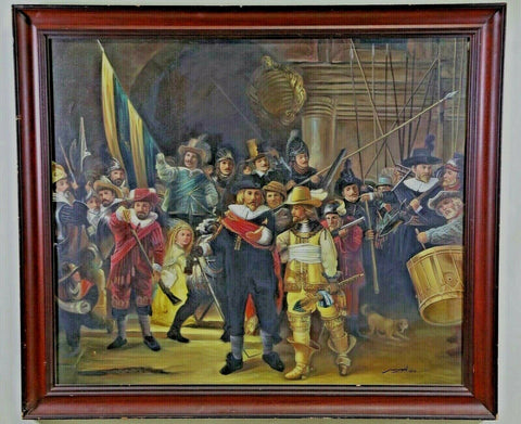 Antique Painting, Oil, Dutch Dignitaries, "The Night Watch" Signed, 1800's!! - Old Europe Antique Home Furnishings