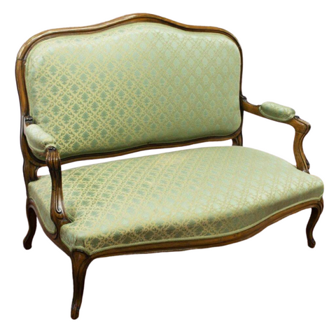 Antique Sofa, Louis XV Style Upholstered, Walnut Settee,Light Green, 1800s! - Old Europe Antique Home Furnishings