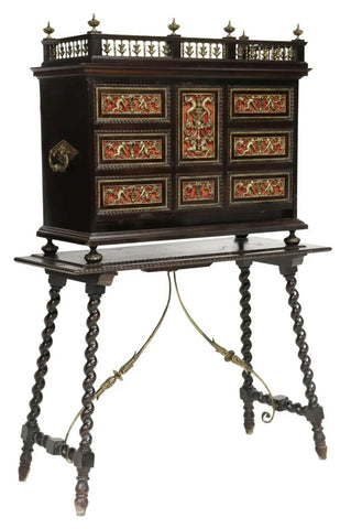 Antique Vargueno / Bargueno, Spanish Baroque Style On Stand, Gilt Metal, 1800s! - Old Europe Antique Home Furnishings